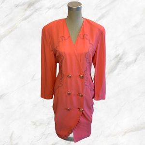 Oblo’ | Vintage 1980s Designer Salmon Pink Chunky Buttoned Midi Dress